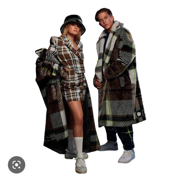 Adidas Ivy park Halls of Ivy plaid faux fur trench coat jacket - Picture 8 of 14